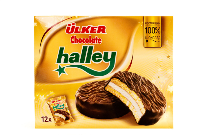 Halley Сендвич-печенье покрытое молочным шоколад (коробка) 224 гр/12 шт